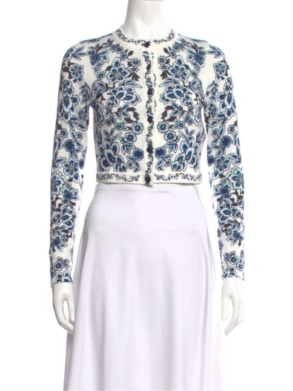 Alice + Olivia Women's White and Blue Cropped Floral Cardigan Jacket